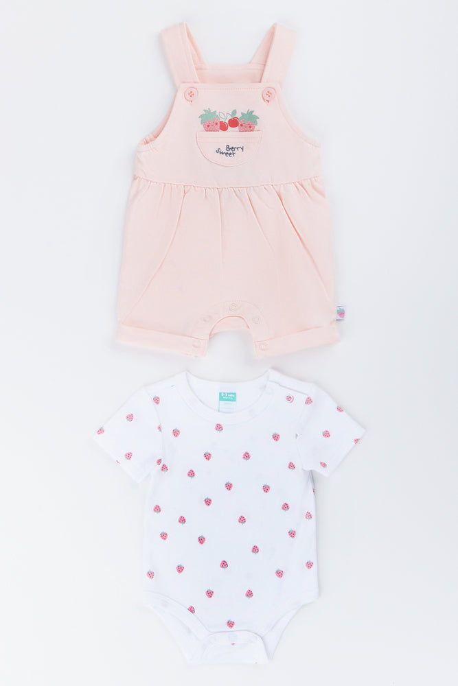 Coral Strawberry Print Dungaree Set (2)