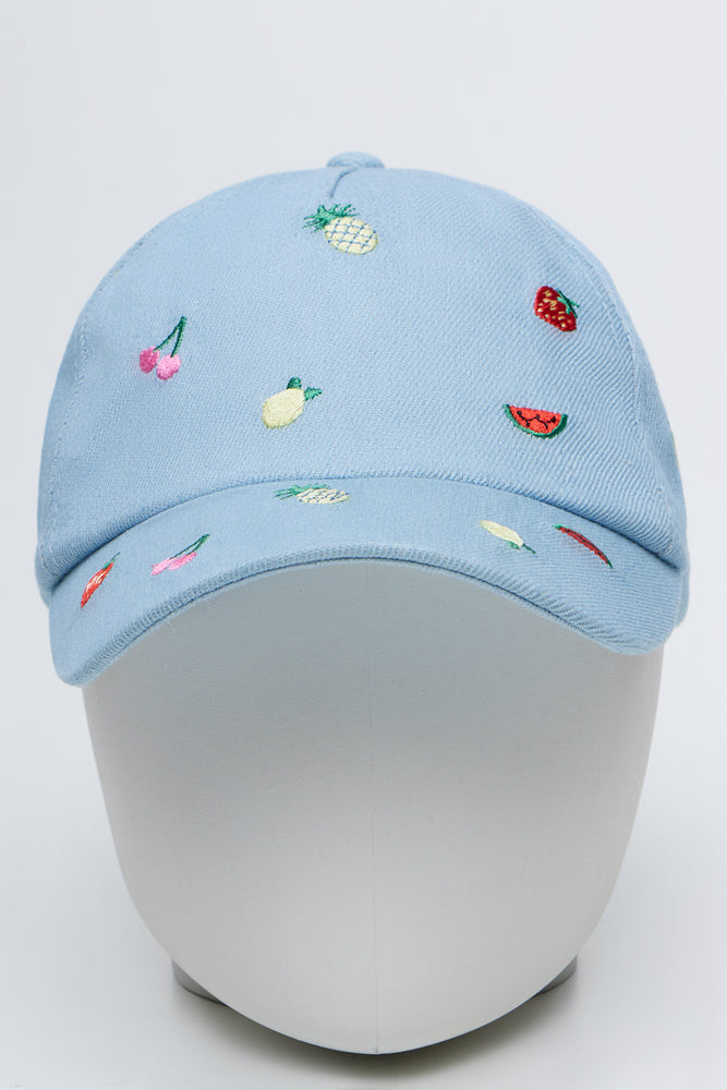 Embroidered Fruit Print Denim Cap