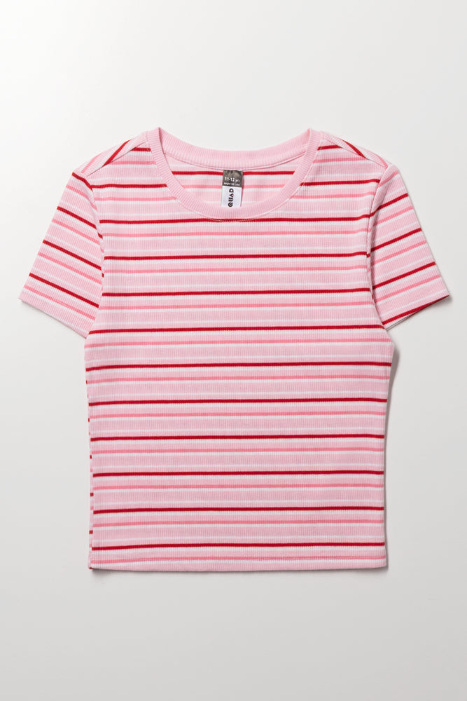Girls Pink Stripe Rib T-Shirt