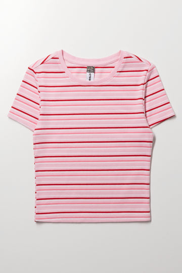 Girls Pink Stripe Rib T-Shirt