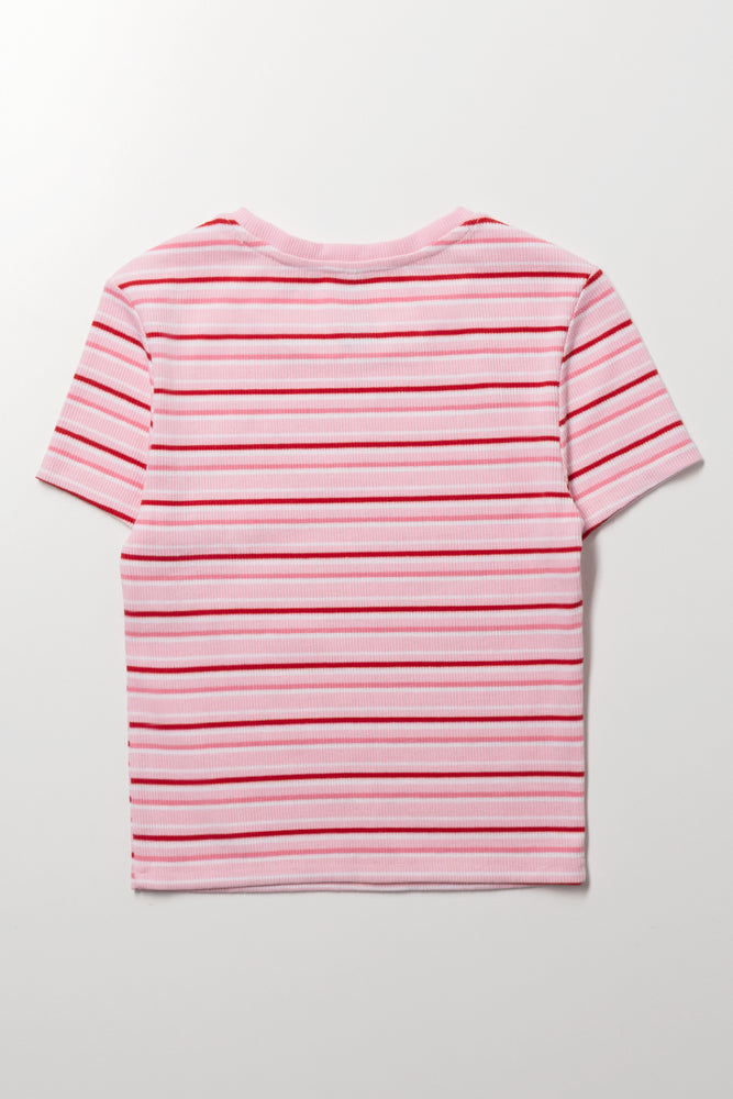 Girls Pink Stripe Rib T-Shirt (2)