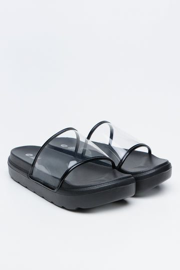 Chunky Black Vinyl Slide Sandals
