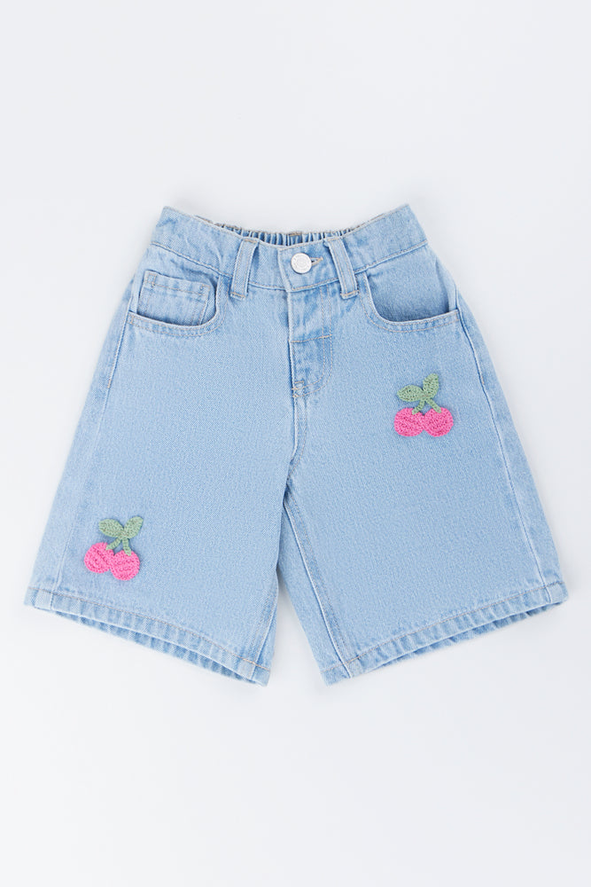 Blue Denim Cherry Embroidered Jorts