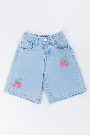 Blue Denim Cherry Embroidered Jorts