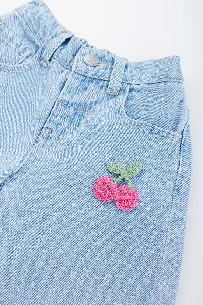 Blue Denim Cherry Embroidered Jorts (1)