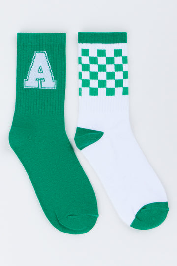 Green Collegiate Letter Checkered Socks