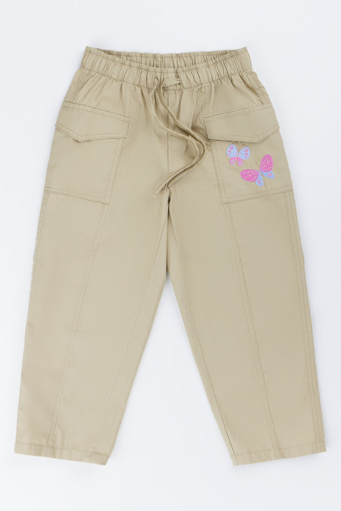Beige Butterfly Woven Cargo Pants