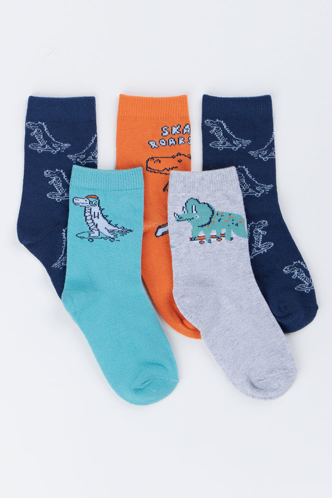 5 Pack Dinosaur Print Kids Socks