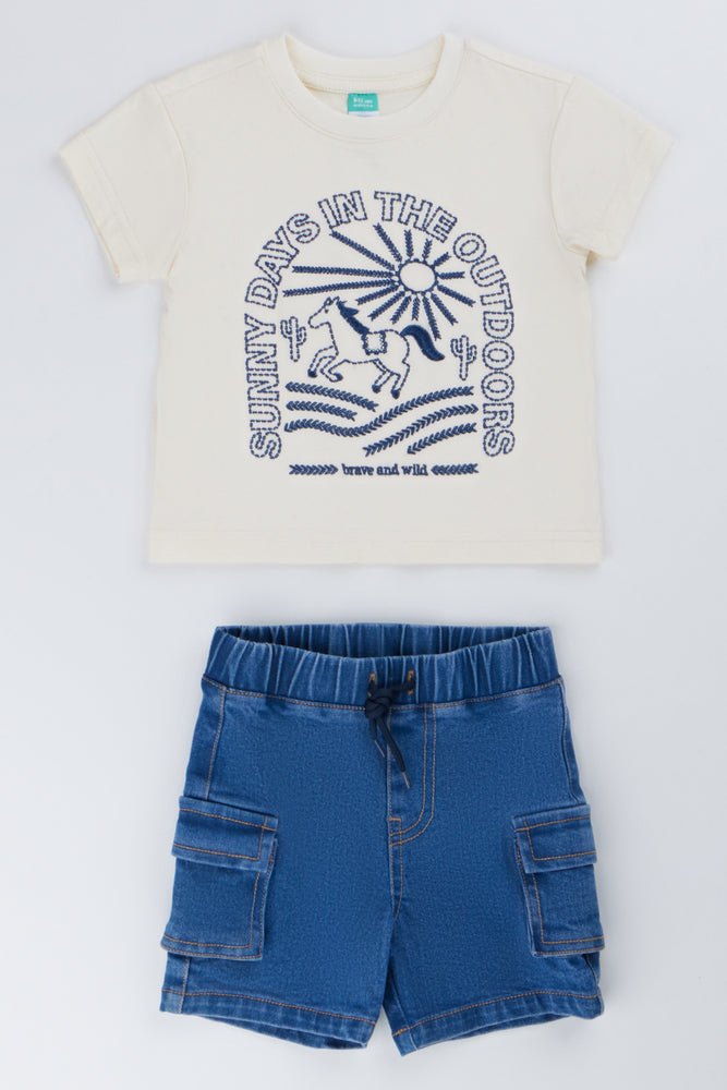 Cream Horse Embroidery T-Shirt Set