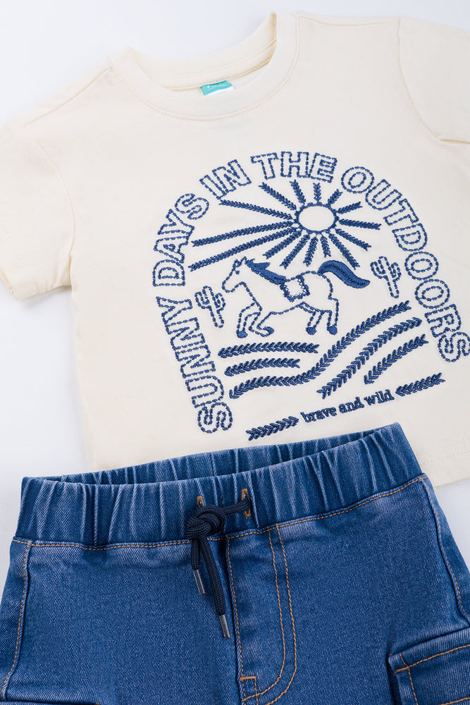 Cream Horse Embroidery T-Shirt Set (1)