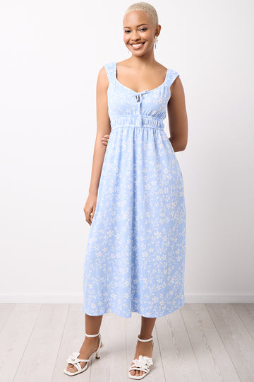 Blue Floral Crinkle Midi Dress