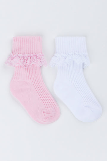 Ribbed Lace Trim 2 Pack Socks