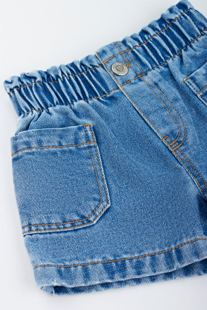 Blue Paperbag Waist Denim Shorts (1)