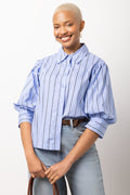 Blue Stripe Short Puff Sleeve Blouse