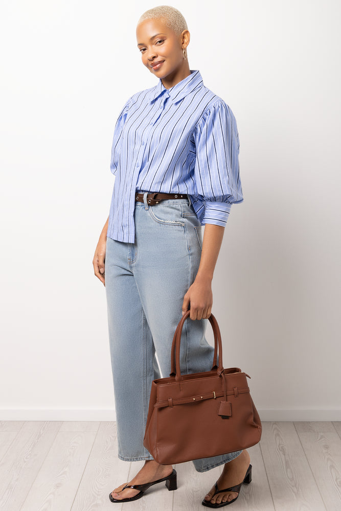 Blue Stripe Short Puff Sleeve Blouse (1)