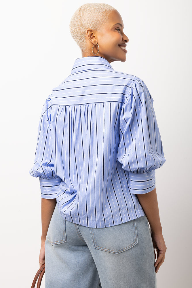 Blue Stripe Short Puff Sleeve Blouse (2)