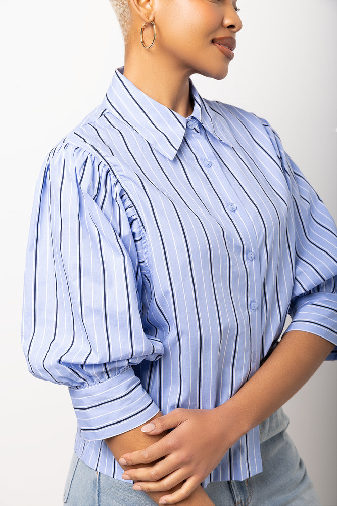 Blue Stripe Short Puff Sleeve Blouse (3)