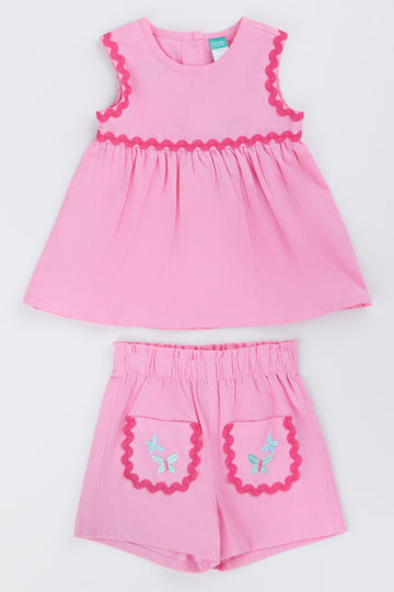 Pink Woven Butterfly Shorts Set