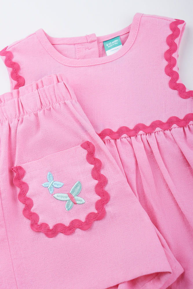 Pink Woven Butterfly Shorts Set (1)