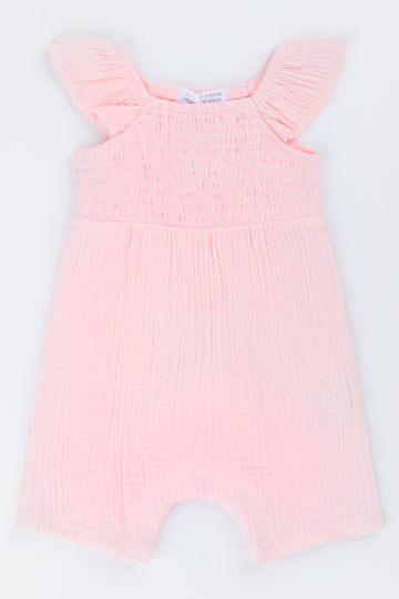 Pink Smocked Woven Baby Romper