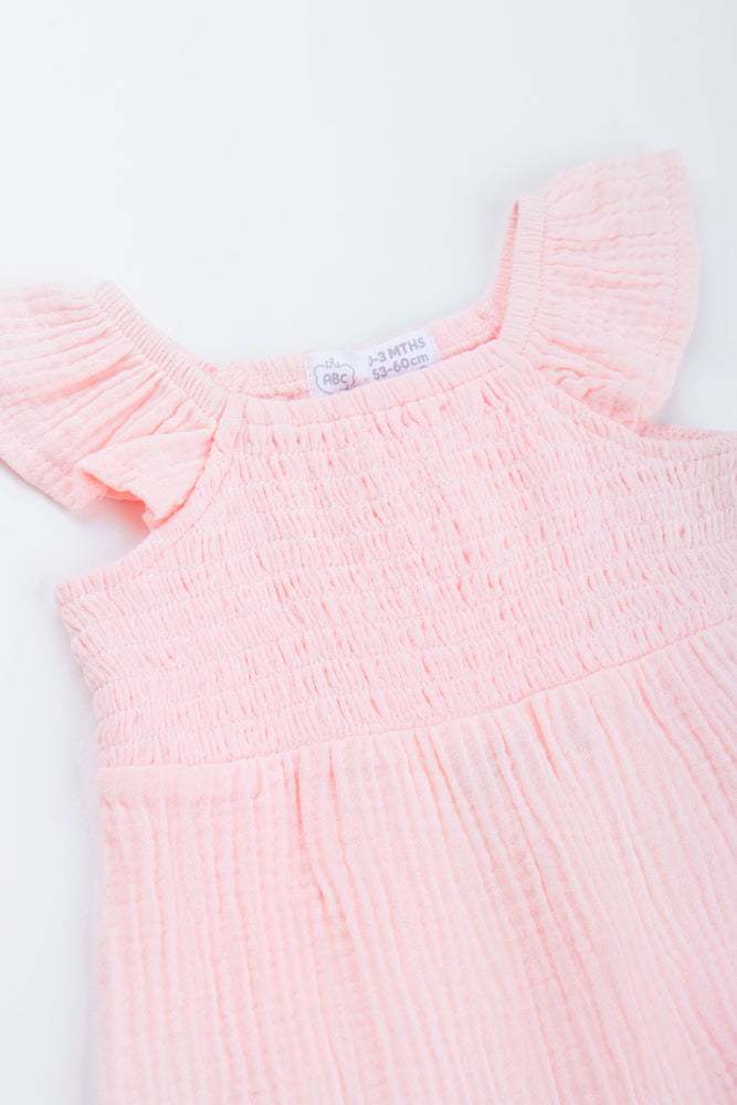 Pink Smocked Woven Baby Romper (1)