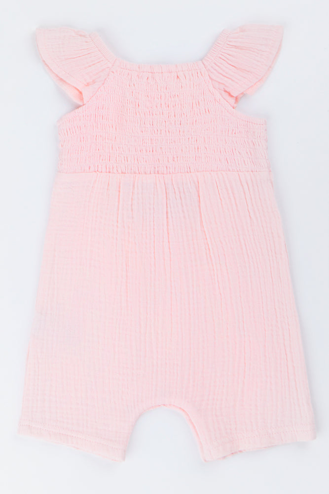 Pink Smocked Woven Baby Romper (2)