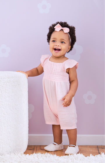 Pink Smocked Woven Baby Romper
