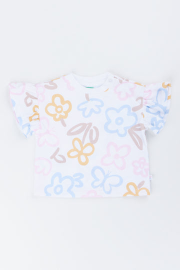Cream Floral Frill Sleeve T-Shirt