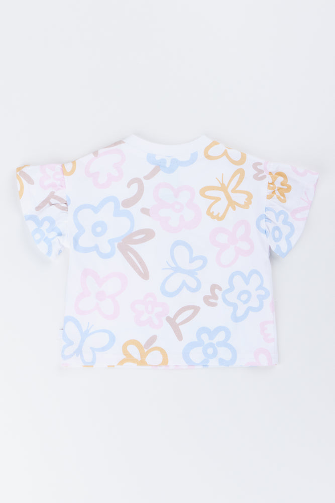 Cream Floral Frill Sleeve T-Shirt (2)