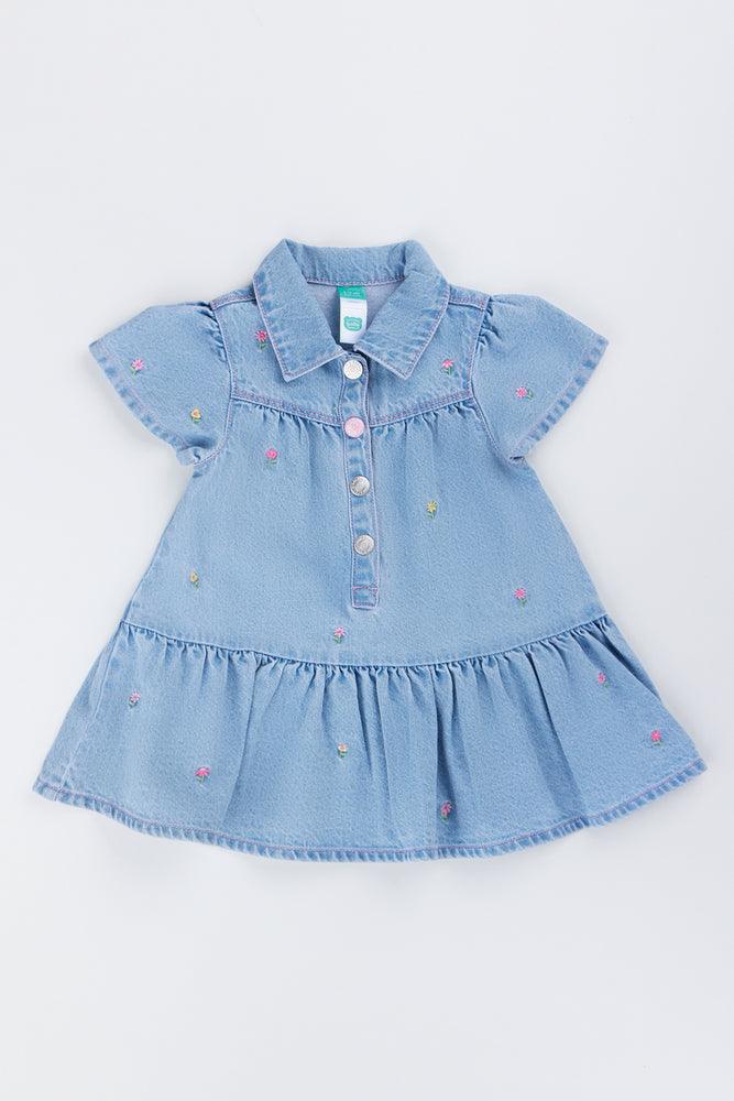 Floral Embroidered Denim Tiered Dress