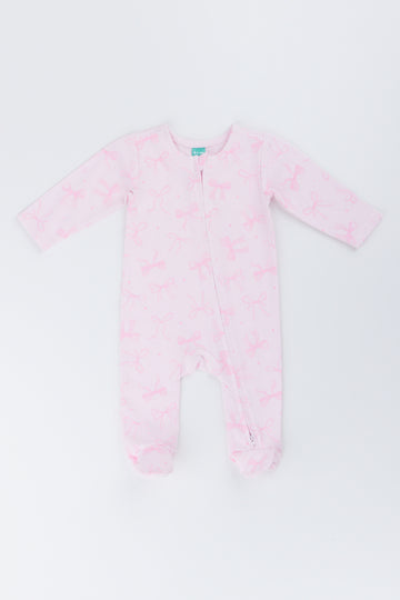 Pink Bow Print Baby Sleepsuit