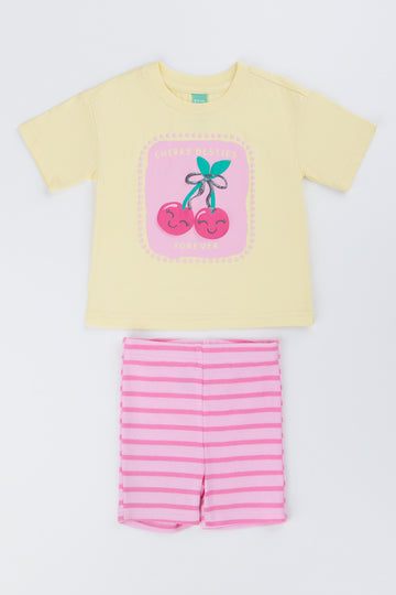 Pink & Yellow Cherry Print Short Set