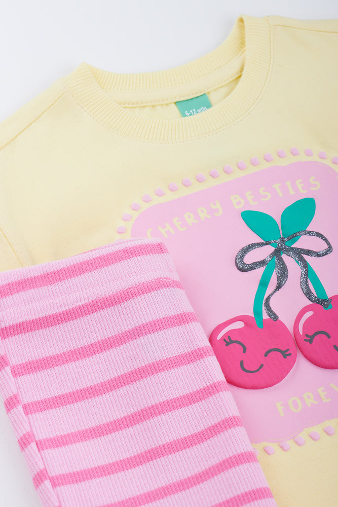 Pink & Yellow Cherry Print Short Set (1)