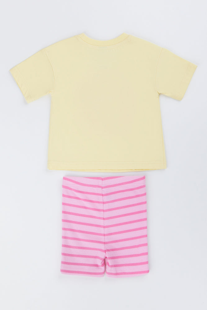 Pink & Yellow Cherry Print Short Set (2)