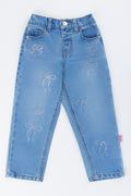 Embroidered Bow Detail Denim Pants