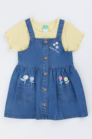 Floral Denim Pinafore Dress Set
