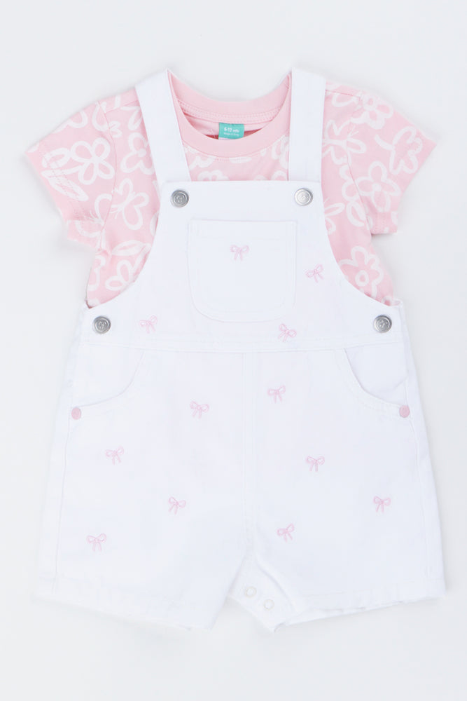 White Bow Dungaree Pink Set