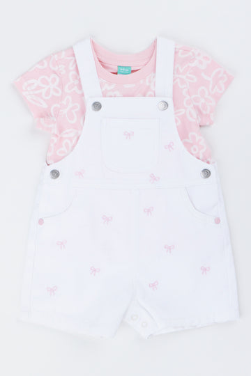 White Bow Dungaree Pink Set