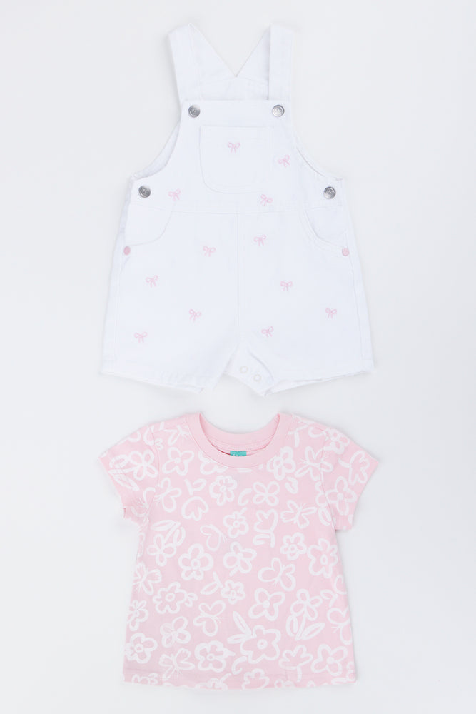 White Bow Dungaree Pink Set (2)