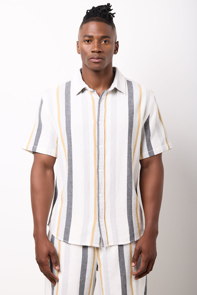 Natural Striped Textured Short-Sleeve Shirt