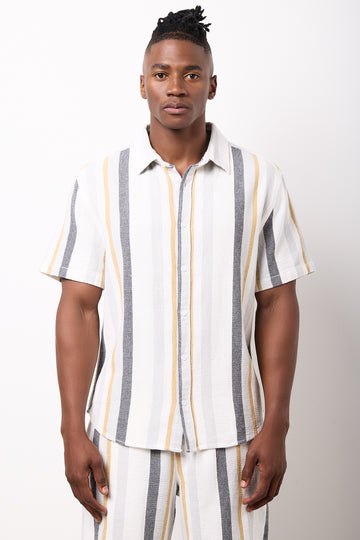 Natural Striped Textured Short-Sleeve Shirt