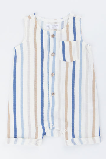 Cream Stripe Button Romper