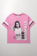 Oversized Pink V-Neck Graphic T-Shirt