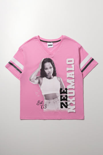 Oversized Pink V-Neck Graphic T-Shirt