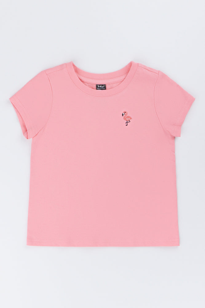 Coral Flamingo Embroidered T-Shirt