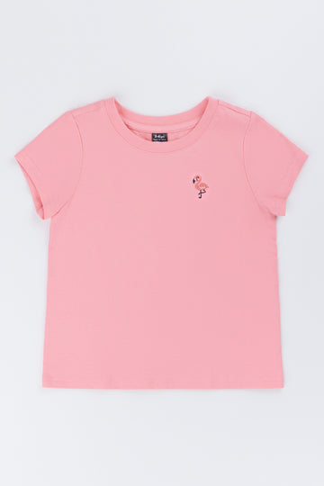 Coral Flamingo Embroidered T-Shirt