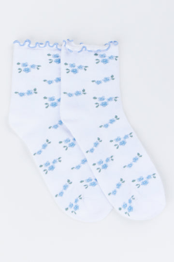 White Floral Crew Socks