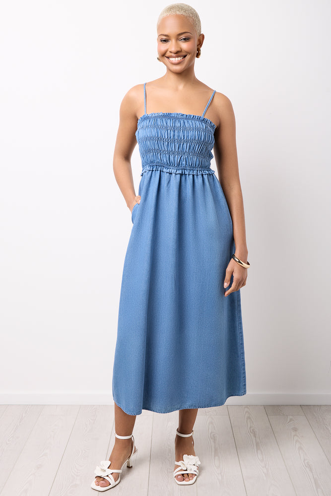 Ruched Chambray Midi Dress