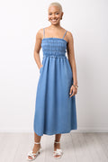 Ruched Chambray Midi Dress