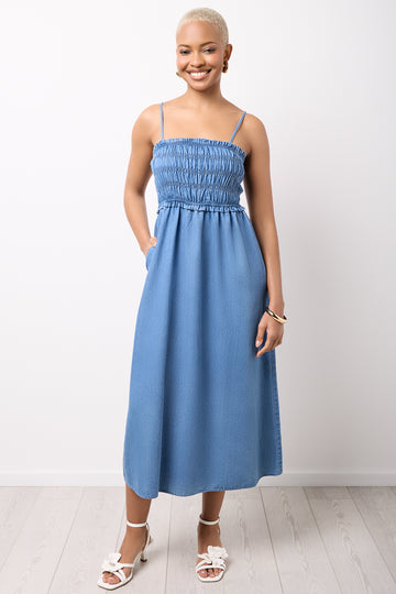 Ruched Chambray Midi Dress